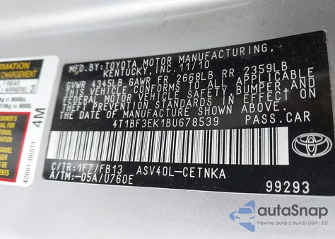 2011 Toyota Camry Le z USA, uszkodzony, nr VIN 4T1BF3EK1BU678539